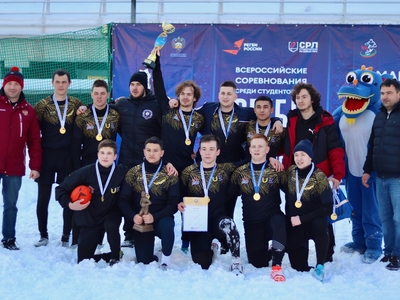 Volga Region University rugby players on the podium of the All-Russian tournament